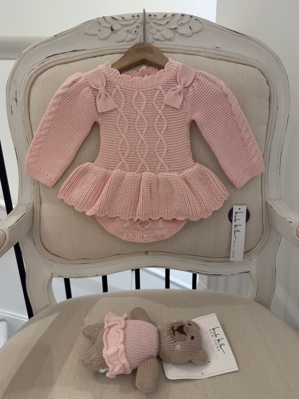 🩰 0~3 Mth 100% Cotton Ballet Pink Cable Knit Baby Outfit with Ruffle Skirt NWT